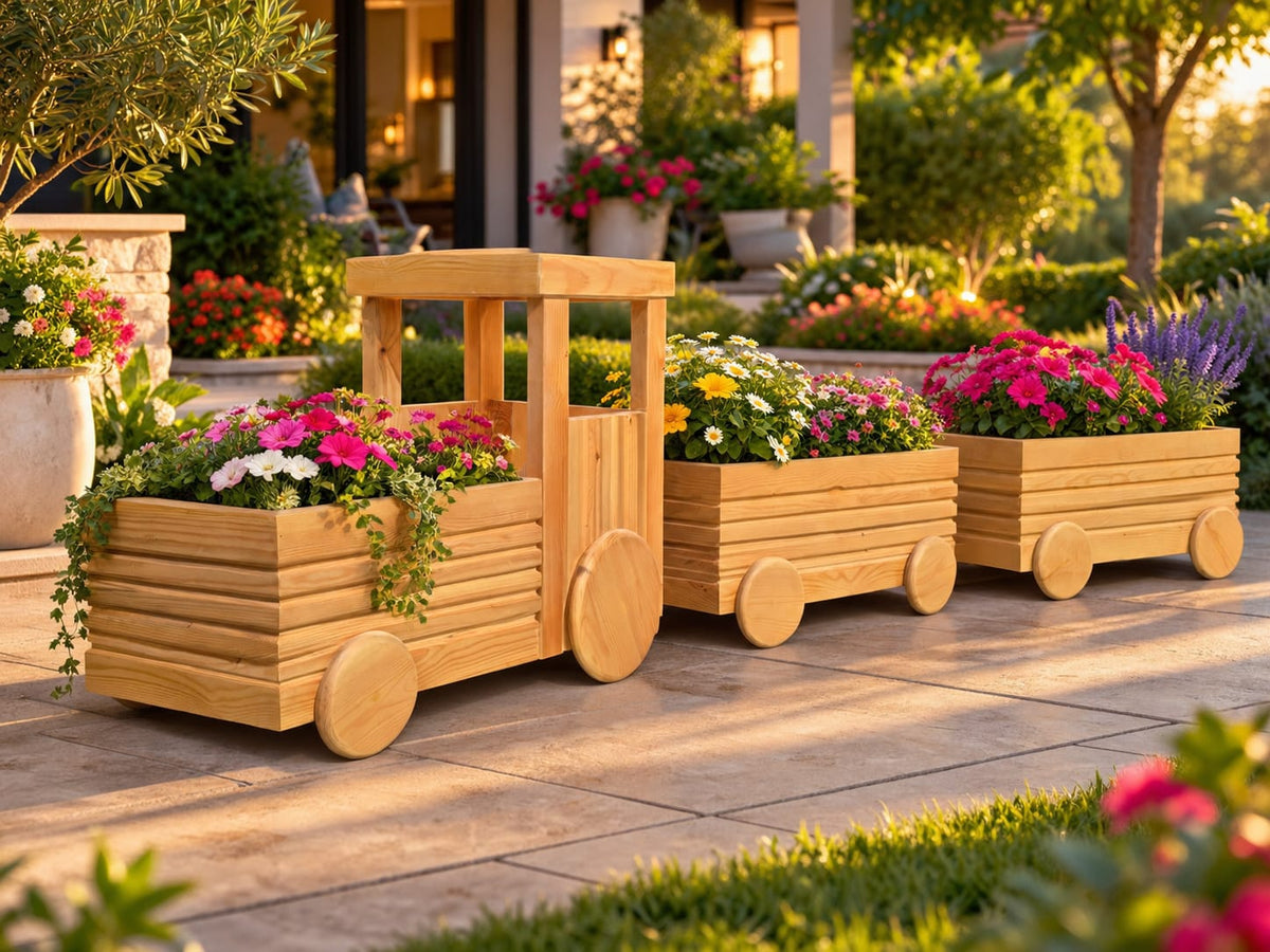 Handcrafted Pitch Pine Wooden Garden Planter Train