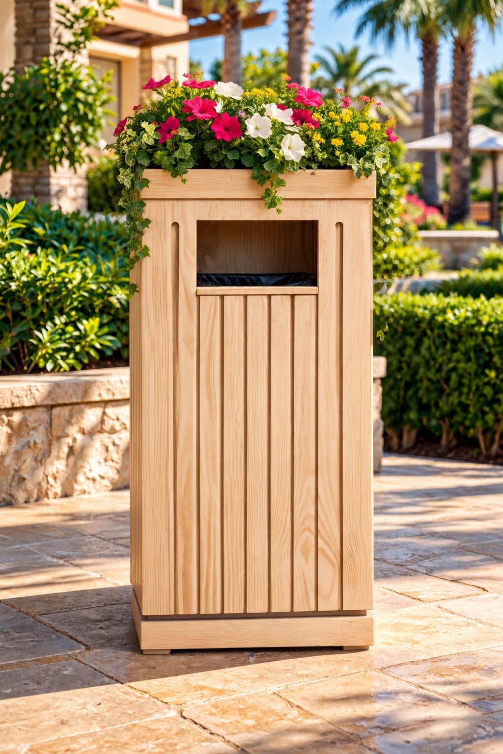 Handcrafted Wooden Trash Bin with Built-In Planter
