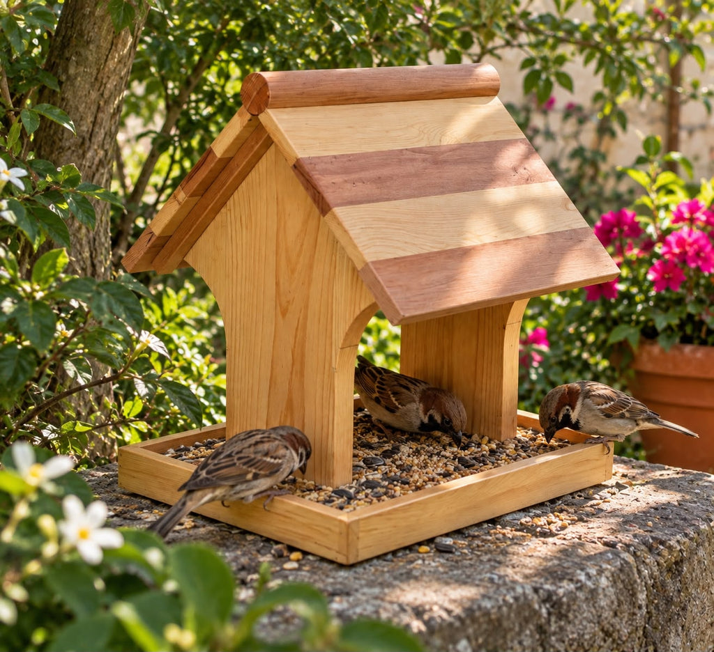 Natural Wood Birdhouse with Feeding Platform – Outdoor Bird Feeder &amp; Garden Décor