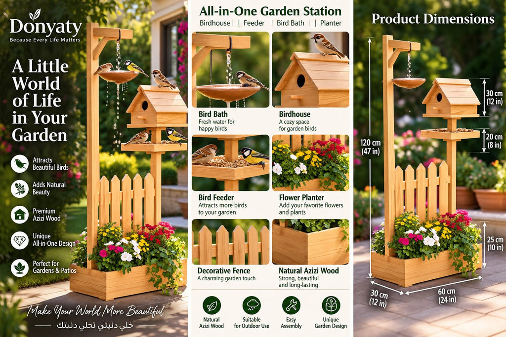 Donyaty Wooden Bird Garden Station – Birdhouse, Feeder, Bird Bath & Flower Planter